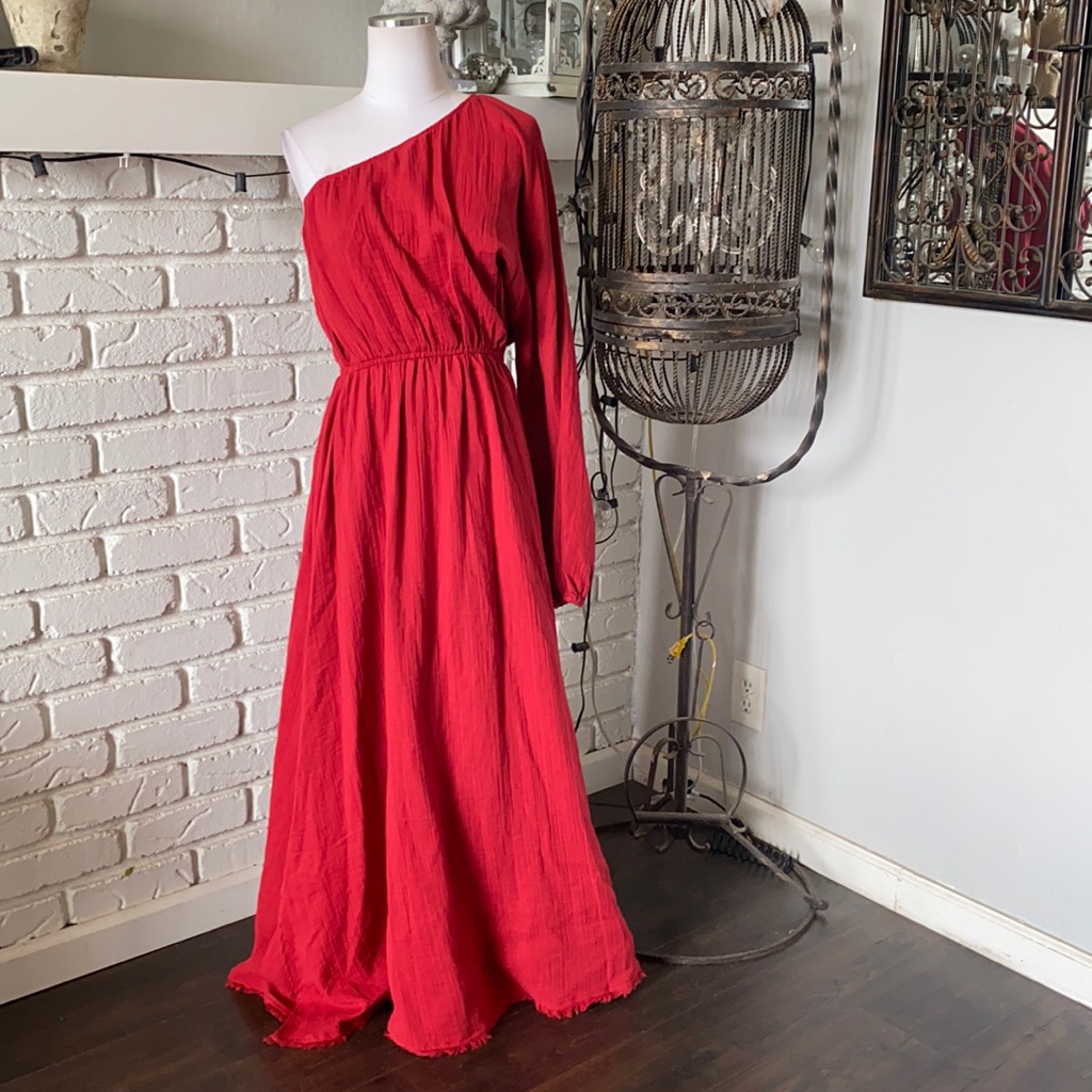 Red Carter Julia One-Shoulder Maxi Cover-Up Dress In Brick Large New